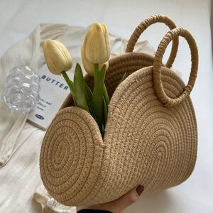 Handwoven Beach Bag, Chic Cotton Rope Clutch Purse, Round Dome Handbag